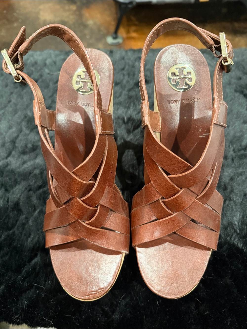 Tory Burch Brown Leather Woven Wedge Slingback Sandals 10